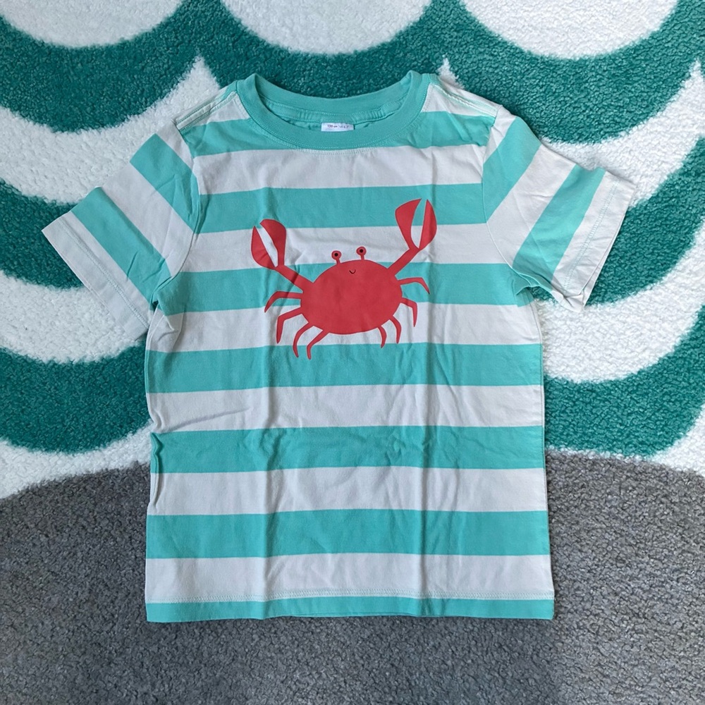 Hanna Andersson Striped Jersey Crab Tee (Aqua/Cream/Red) Size 6-7